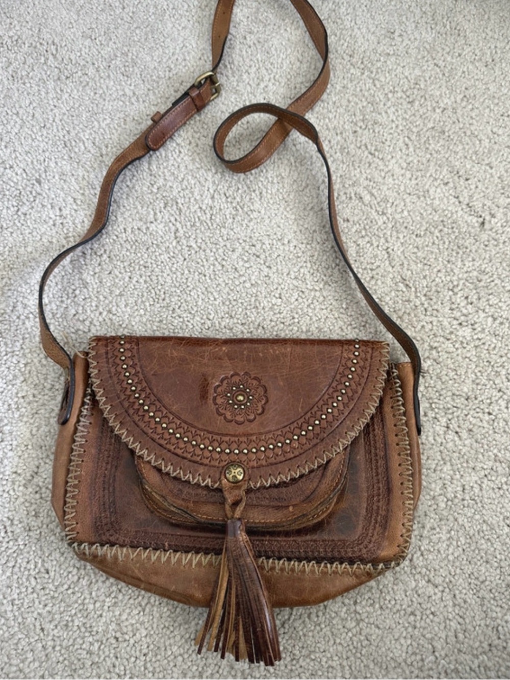 Vintage Patricia Nash Brown Leather Crossbody Bag with Tassel